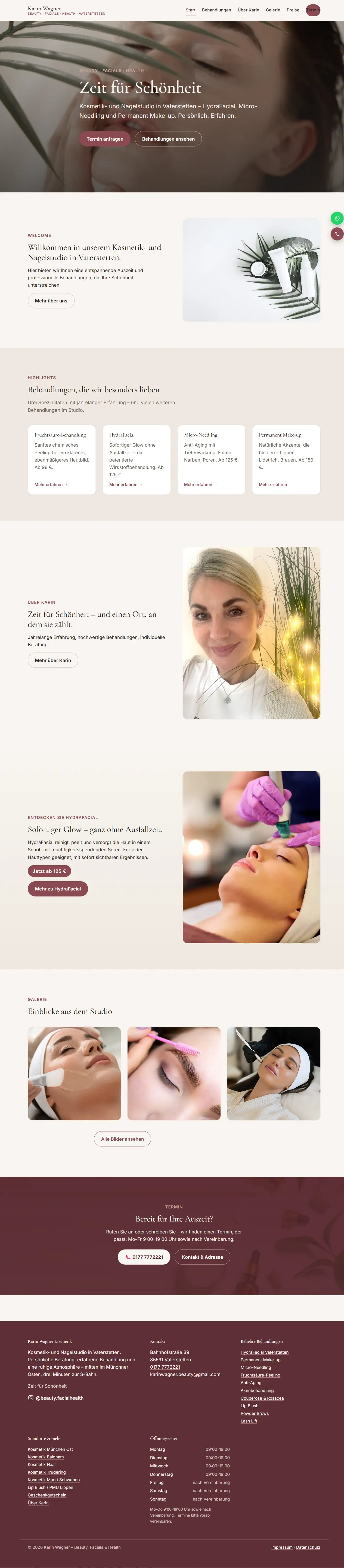 Startseite der Website karin-wagner-beauty.de – Kosmetikstudio in Vaterstetten, gebaut von Wagner Service & Solutions